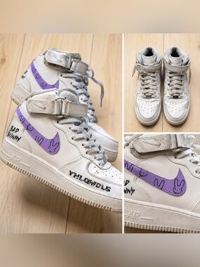 Nike Air Force 1 Mid Custom Bad Bunny Purple Swoosh White Sneakers 8.5